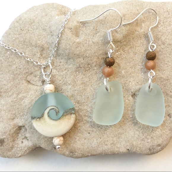 Hand Crafted Jewelry - Sea Glass Earring and Wave Pendant Necklace Set